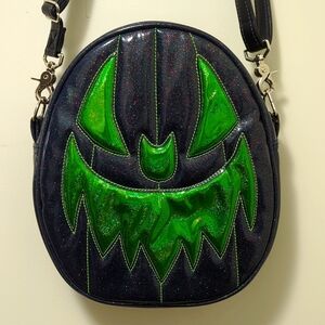 Love Pain & Stitches Oval Pumpkin bag, Navy/Green glitter